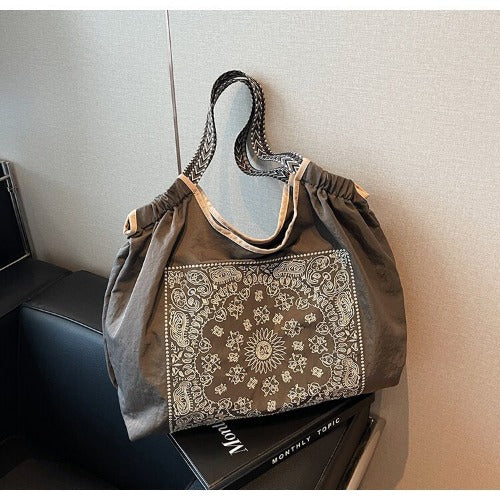 Embroidered Shopping Bag Cute Large Capacity,Rattan flower