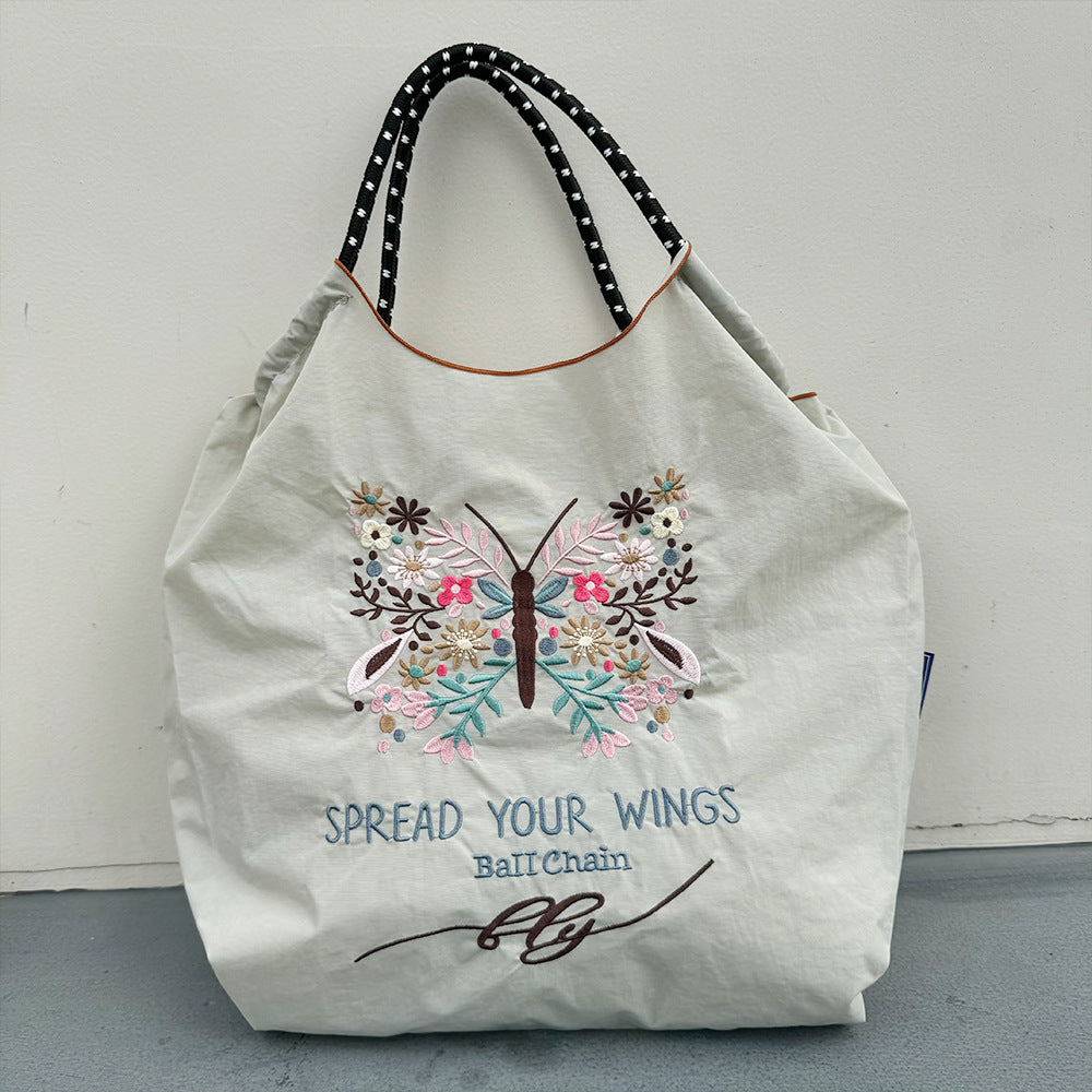 Ball & Chain Embroidery Waterproof Folding Eco-friendly Bag Shopping Bag,Butterfly Plant