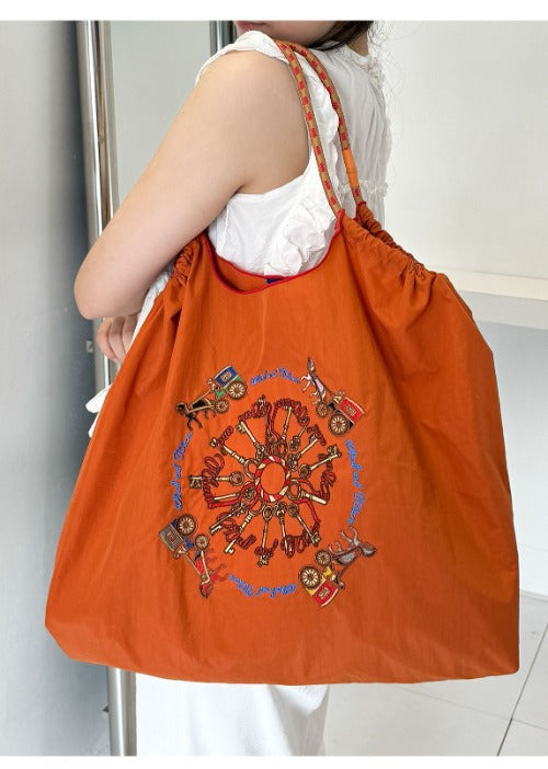 Ball & Chain Embroidery Waterproof Folding Eco-friendly Bag Shopping Bag,Carriage