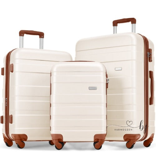 3pcs Luggage Sets Lightweight Durable Hardside Suitcase Spinner Wheels TSA Lock 20''24''28'' - Ivory and Brown