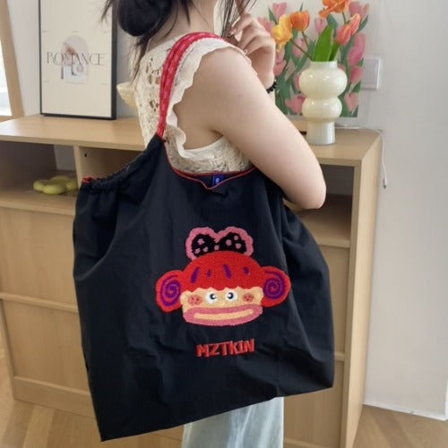 Embroidery Tote Bags Shopping Bag Cute Large Capacity, Mouth Girl