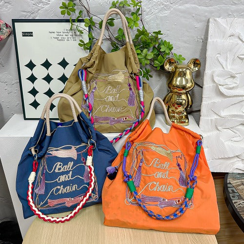 Embroidered Shopping Bag Cute Large Capacity,Tassel