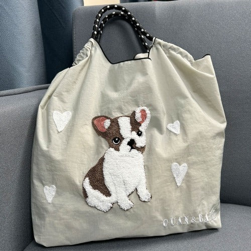 Embroidery Waterproof Folding Eco-friendly Bag Shopping Bag, Cute Dog