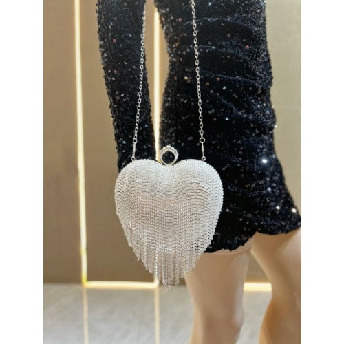 Silver Rhinestone Heart Shaped Evening Bag