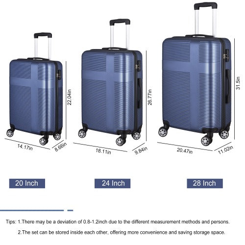 3 Piece Luggage with TSA Lock ABS Lightweight Suitcase with Hooks Spinner Wheels Luggage Sets 20in/24in/28in