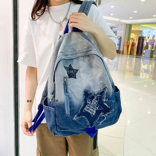 Star Applique Gradient Denim Backpack