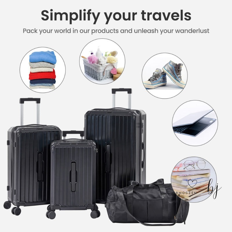 4-Piece Luggage Set with Travel Bag, PC+ABS Lightweight Durable Suitcases, 360° Spinner Wheels, TSA Lock - Black