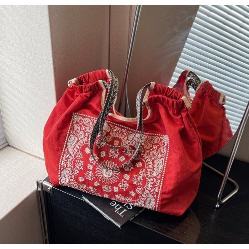 Embroidered Shopping Bag Cute Large Capacity,Rattan flower