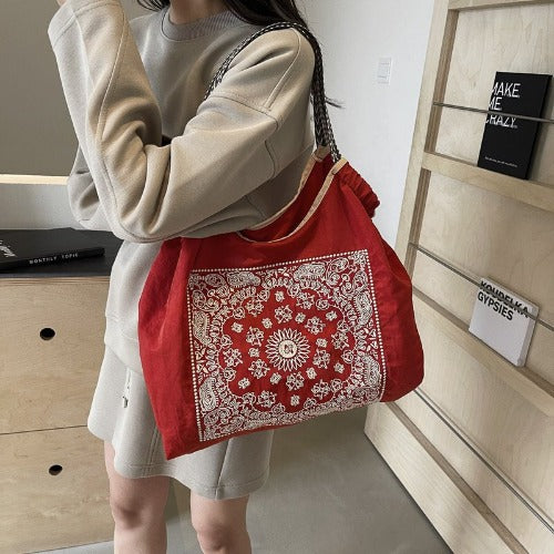 Embroidered Shopping Bag Cute Large Capacity,Rattan flower