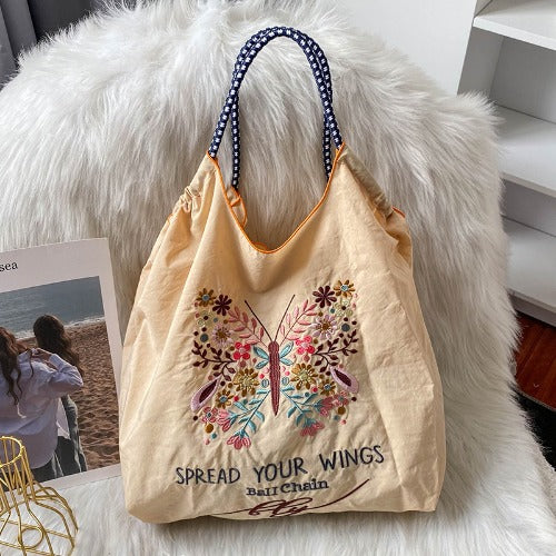 Ball & Chain Embroidery Waterproof Folding Eco-friendly Bag Shopping Bag,Butterfly Plant