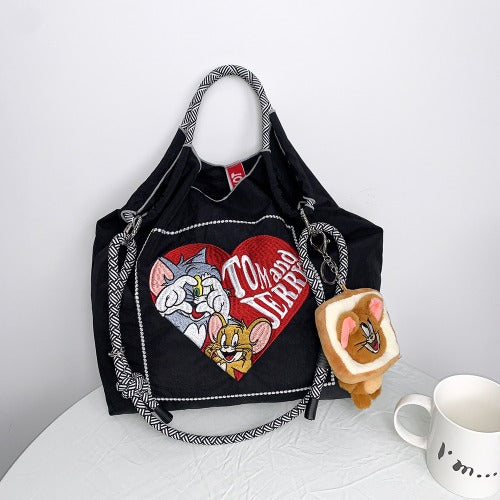 Embroidered Shopping Bag Cute Large Capacity,Cat and Mouse