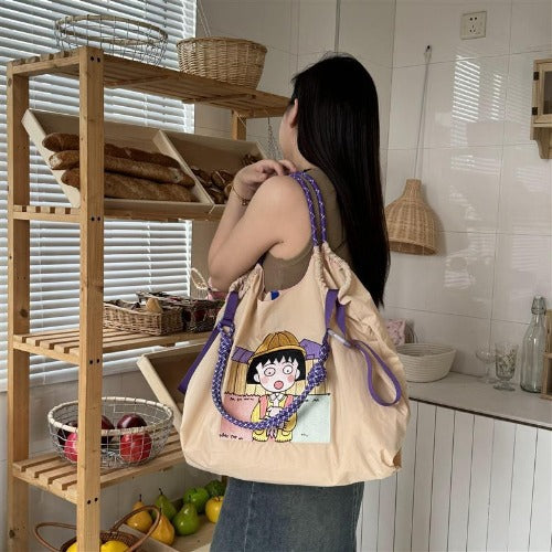 Embroidery Shoulder Bag Rope Handle Eco Bag,Chibi Maruko-chan