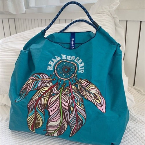 Ball & Chain Embroidery Tote Bags, Cute Shopping Eco Bag,Feathers