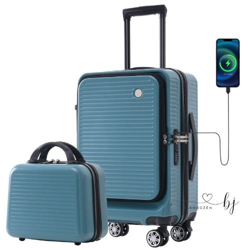 フロントポケットとUSBポート付き20インチ機内持ち込み用スーツケース ブルー