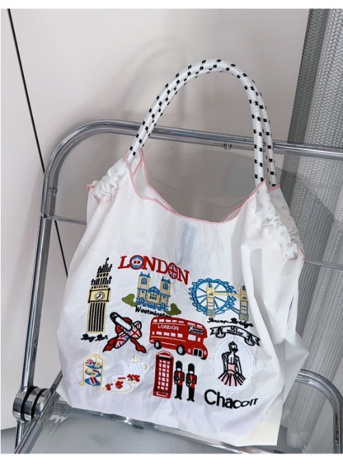 Ball & Chain Embroidery Waterproof Folding Eco-friendly Bag Shopping Bag,London Bus