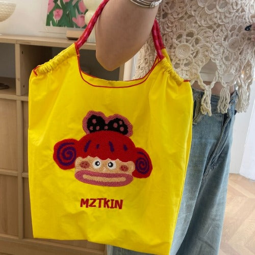 Embroidery Tote Bags Shopping Bag Cute Large Capacity, Mouth Girl