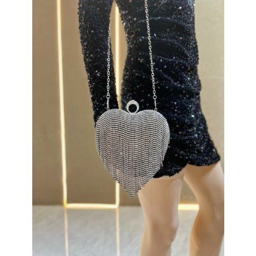 Silver Rhinestone Heart Shaped Evening Bag