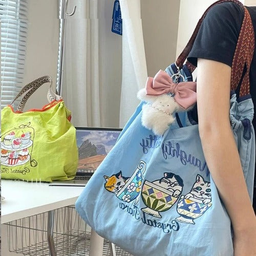 Embroidery Tote Bags Shopping Bag Cute Large Capacity,Animals