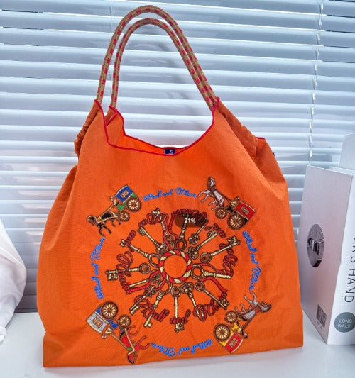 Ball & Chain Embroidery Waterproof Folding Eco-friendly Bag Shopping Bag,Carriage