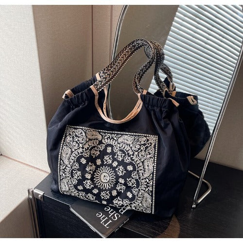 Embroidered Shopping Bag Cute Large Capacity,Rattan flower