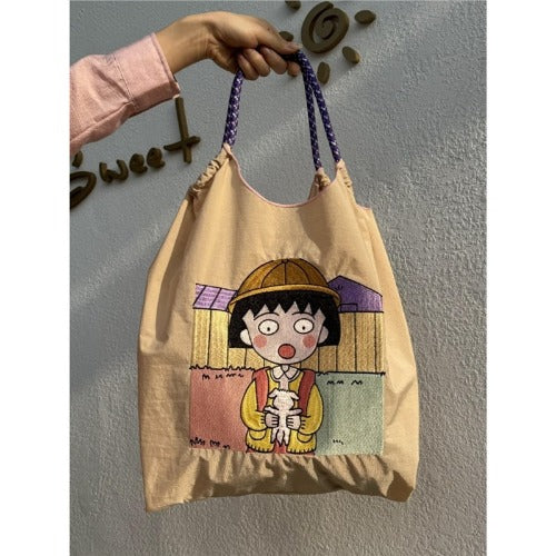 Embroidery Shoulder Bag Rope Handle Eco Bag,Chibi Maruko-chan