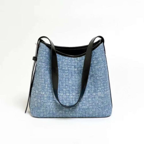 Denim and Leather Woven Tote Bag