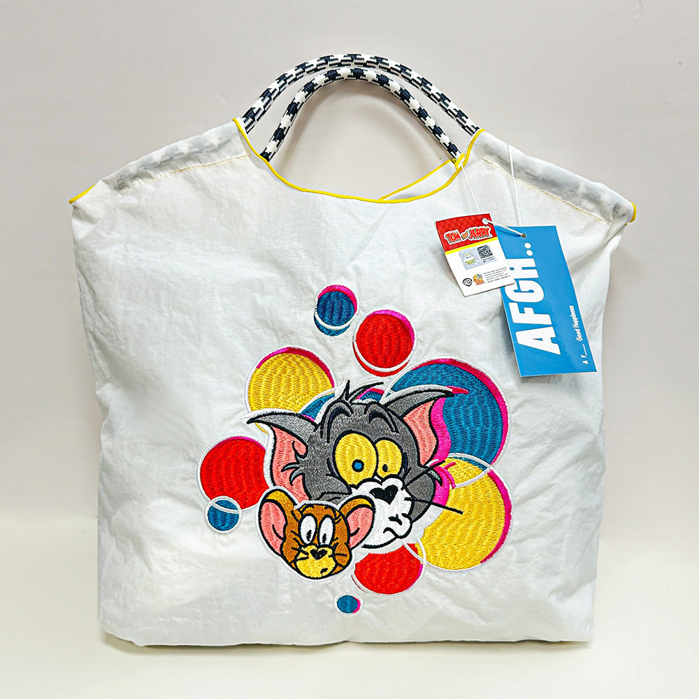 Embroidered Shopping Bag Cute Large Capacity,Cat and Mouse