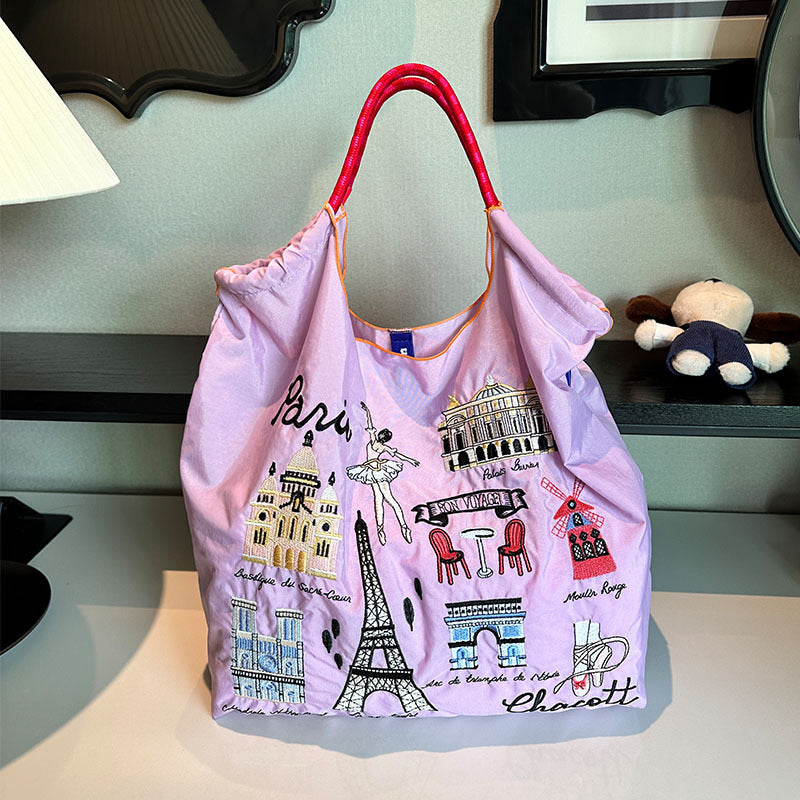 Embroidery Waterproof Folding Eco-friendly Bag Shopping Bag,New Tower