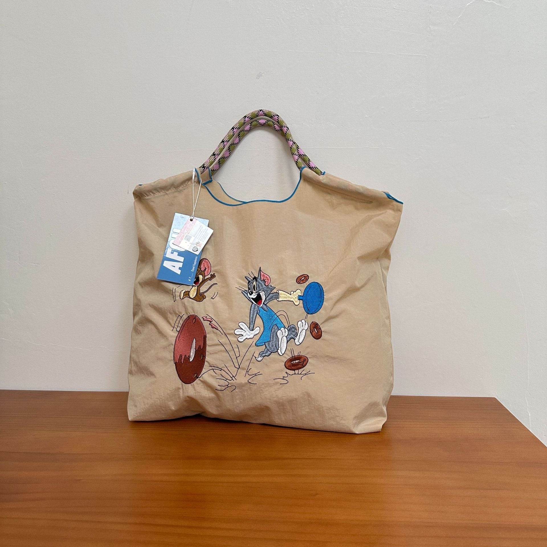 Embroidered Shopping Bag Cute Large Capacity,Cat and Mouse