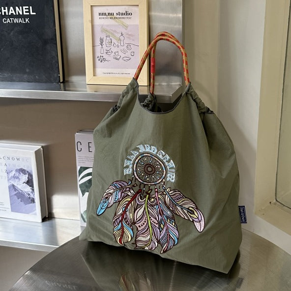 Ball & Chain Embroidery Tote Bags, Cute Shopping Eco Bag,Feathers