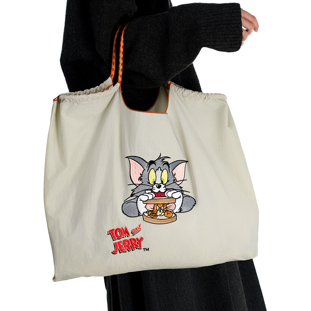 Embroidered Shopping Bag Cute Large Capacity,Cat and Mouse