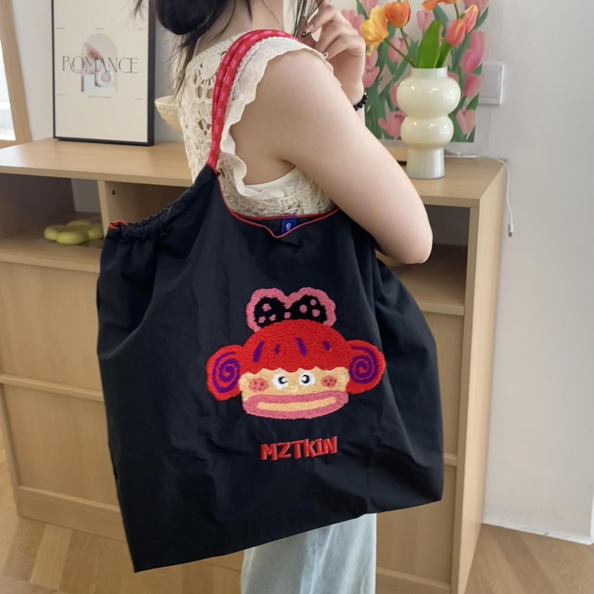 Embroidery Tote Bags Shopping Bag Cute Large Capacity, Mouth Girl