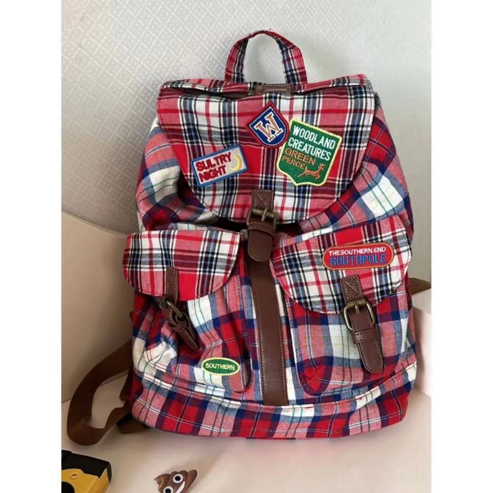 London Red  Plaid Checked Drawstring Rucksack Backpack