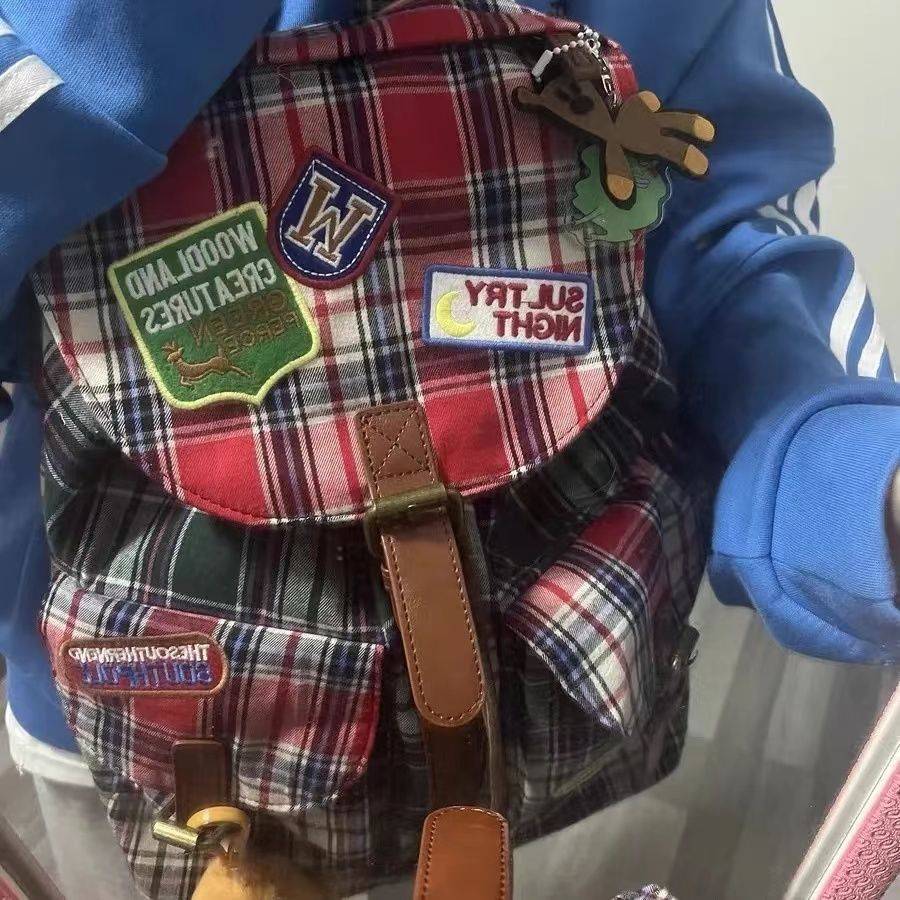 London Red  Plaid Checked Drawstring Rucksack Backpack