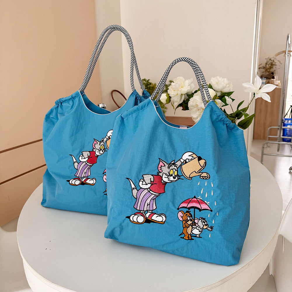 Embroidered Shopping Bag Cute Large Capacity,Cat and Mouse