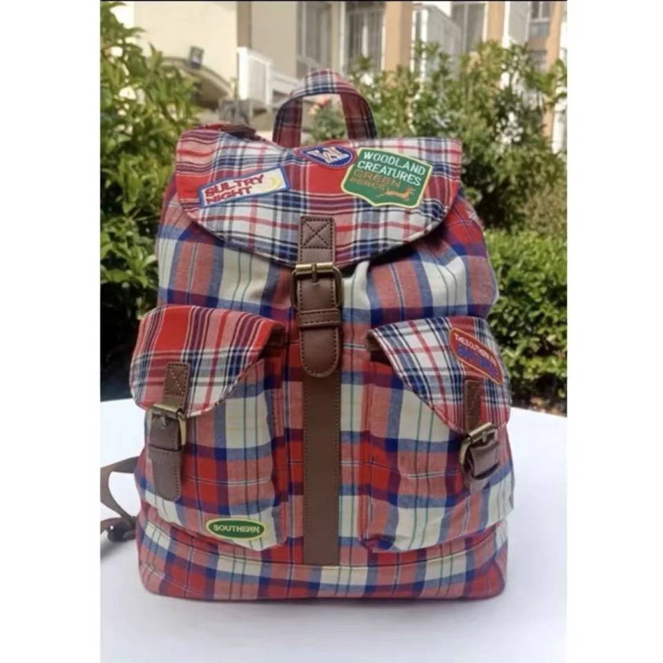 London Red  Plaid Checked Drawstring Rucksack Backpack