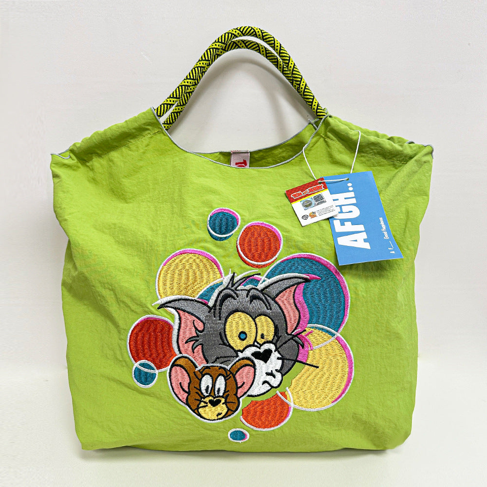 Embroidered Shopping Bag Cute Large Capacity,Cat and Mouse