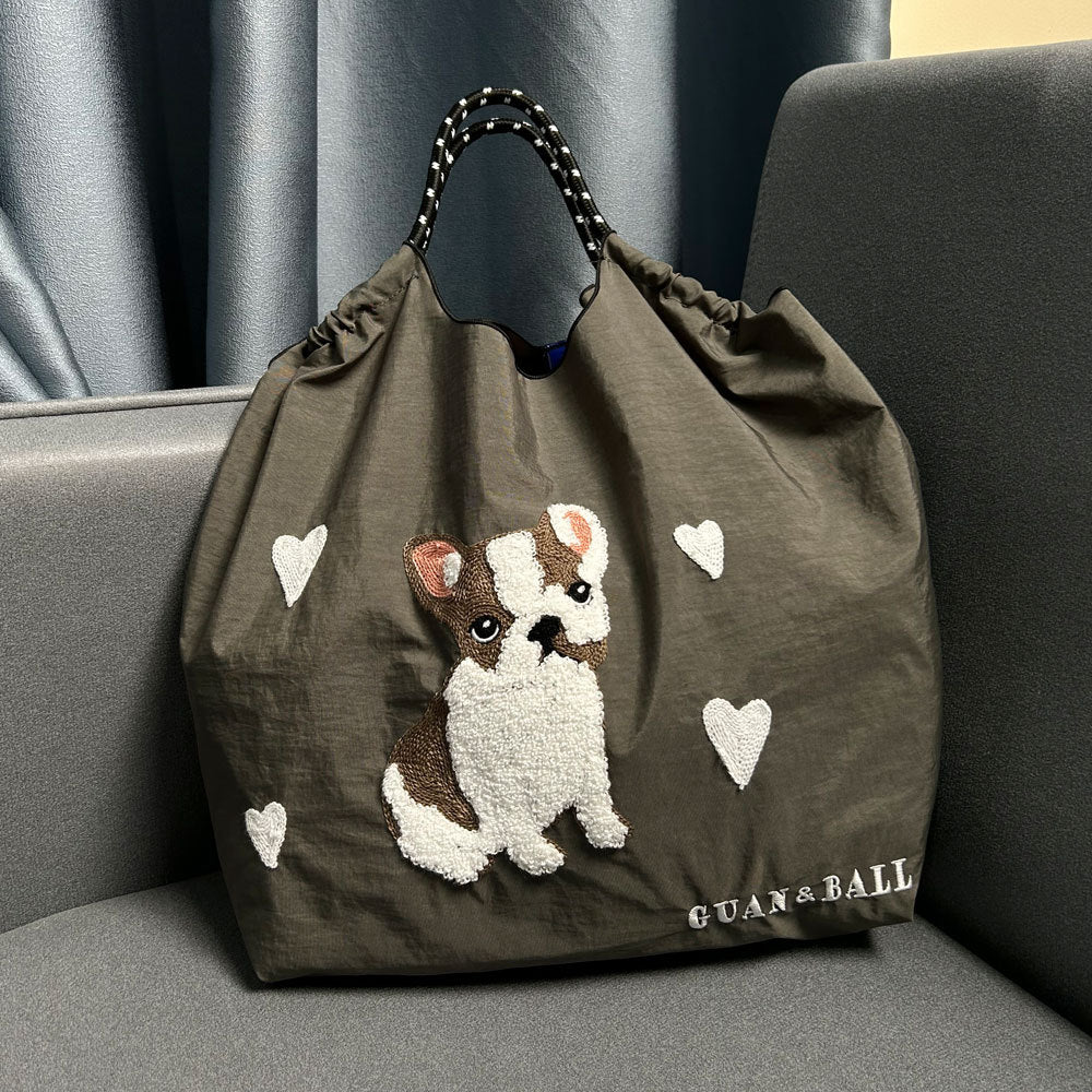 Embroidery Waterproof Folding Eco-friendly Bag Shopping Bag, Cute Dog