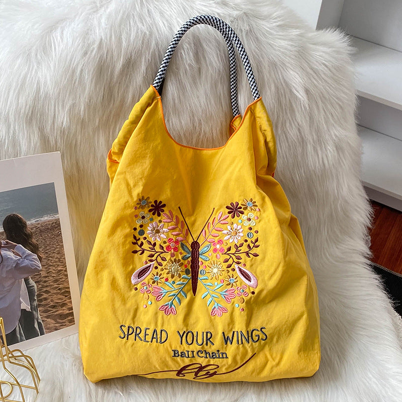 Ball & Chain Embroidery Waterproof Folding Eco-friendly Bag Shopping Bag,Butterfly Plant