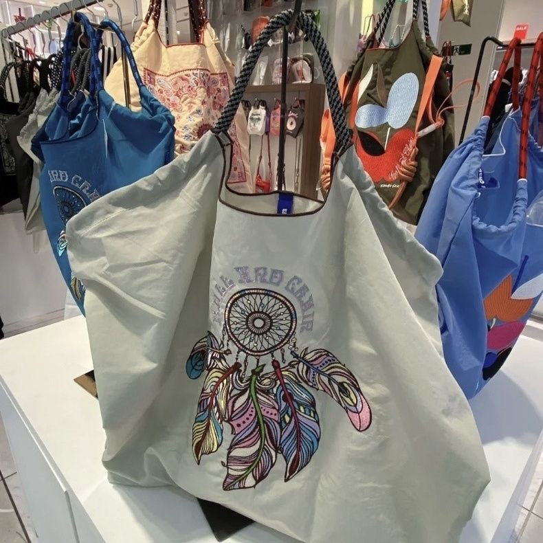 Ball & Chain Embroidery Tote Bags, Cute Shopping Eco Bag,Feathers