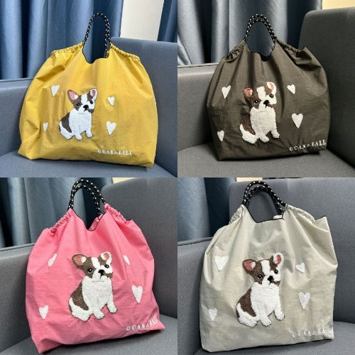 Embroidery Waterproof Folding Eco-friendly Bag Shopping Bag, Cute Dog