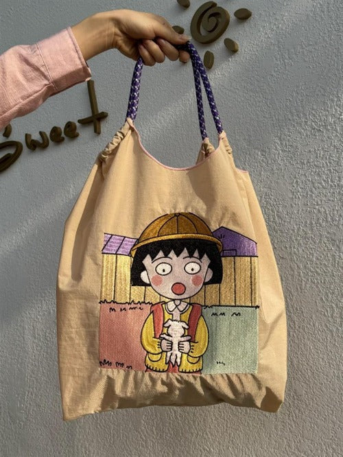 Embroidery Shoulder Bag Rope Handle Eco Bag,Chibi Maruko-chan