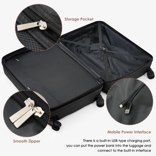 Luggage Set of 3, 20-inch with USB Port, Airline Certified Carry-on Luggage with Cup Holder