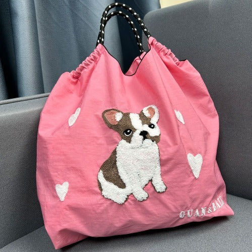 Embroidery Waterproof Folding Eco-friendly Bag Shopping Bag, Cute Dog