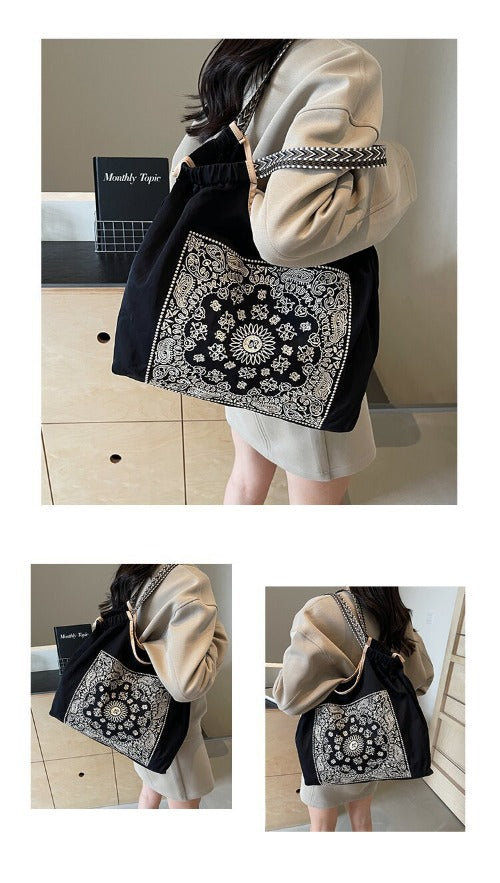 Embroidered Shopping Bag Cute Large Capacity,Rattan flower