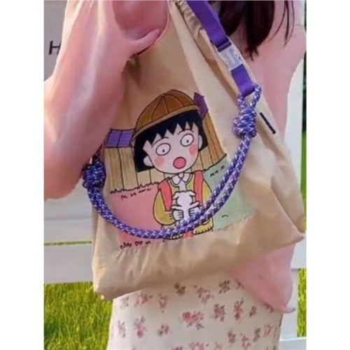 Embroidery Shoulder Bag Rope Handle Eco Bag,Chibi Maruko-chan