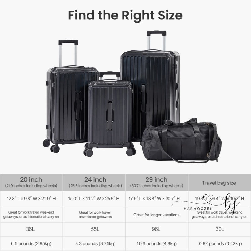 4-Piece Luggage Set with Travel Bag, PC+ABS Lightweight Durable Suitcases, 360° Spinner Wheels, TSA Lock - Black