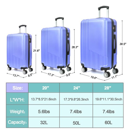 Hard Shell ABS 3 Piece Luggage Set (20/24/28 inches)