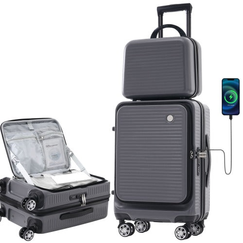 20 Inch Front Open Luggage with Front Pocket and USB Port
