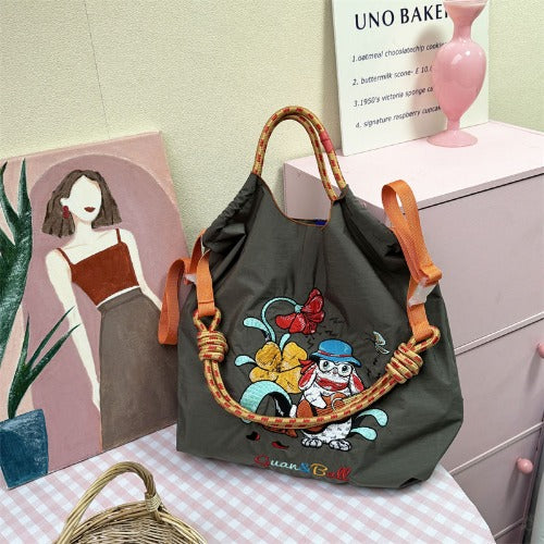 Embroidery Tote Bags Shopping Bag Cute Large Capacity, Literary Rabbit